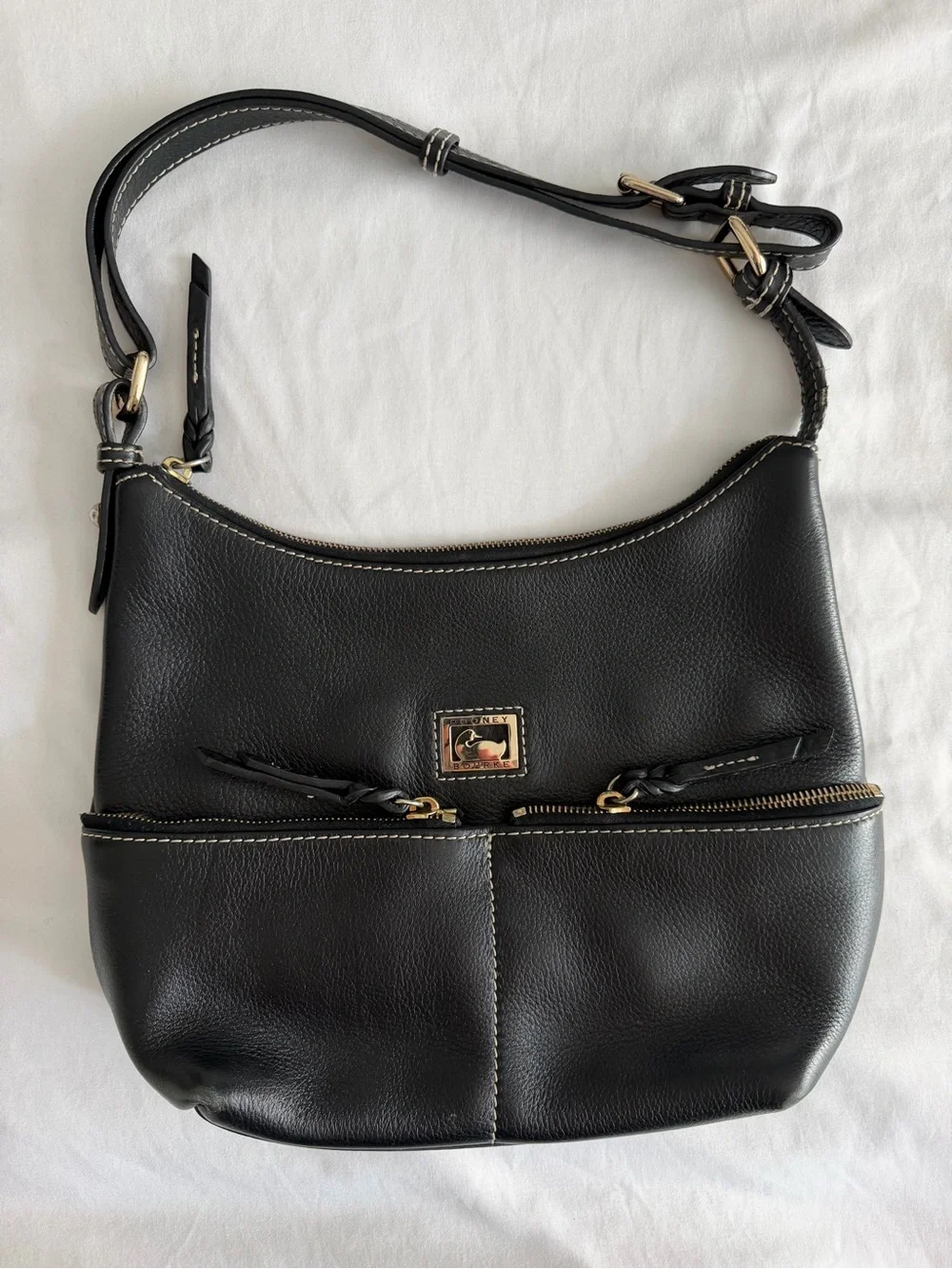 Dooney & Bourke  “Dillen” Black Leather Zip Top Dual Side Pockets Shoulder Bag